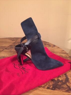 Christian Louboutin Navy Suede Pointed Toe High Heel Ankle Boot with Black Strap